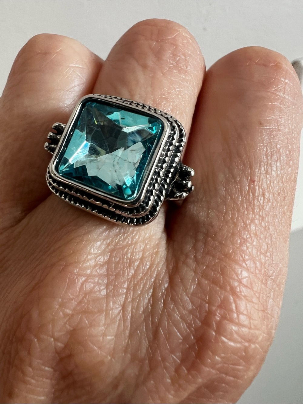 Sterling Silver Ring with Square Aqua Blue Gemstone